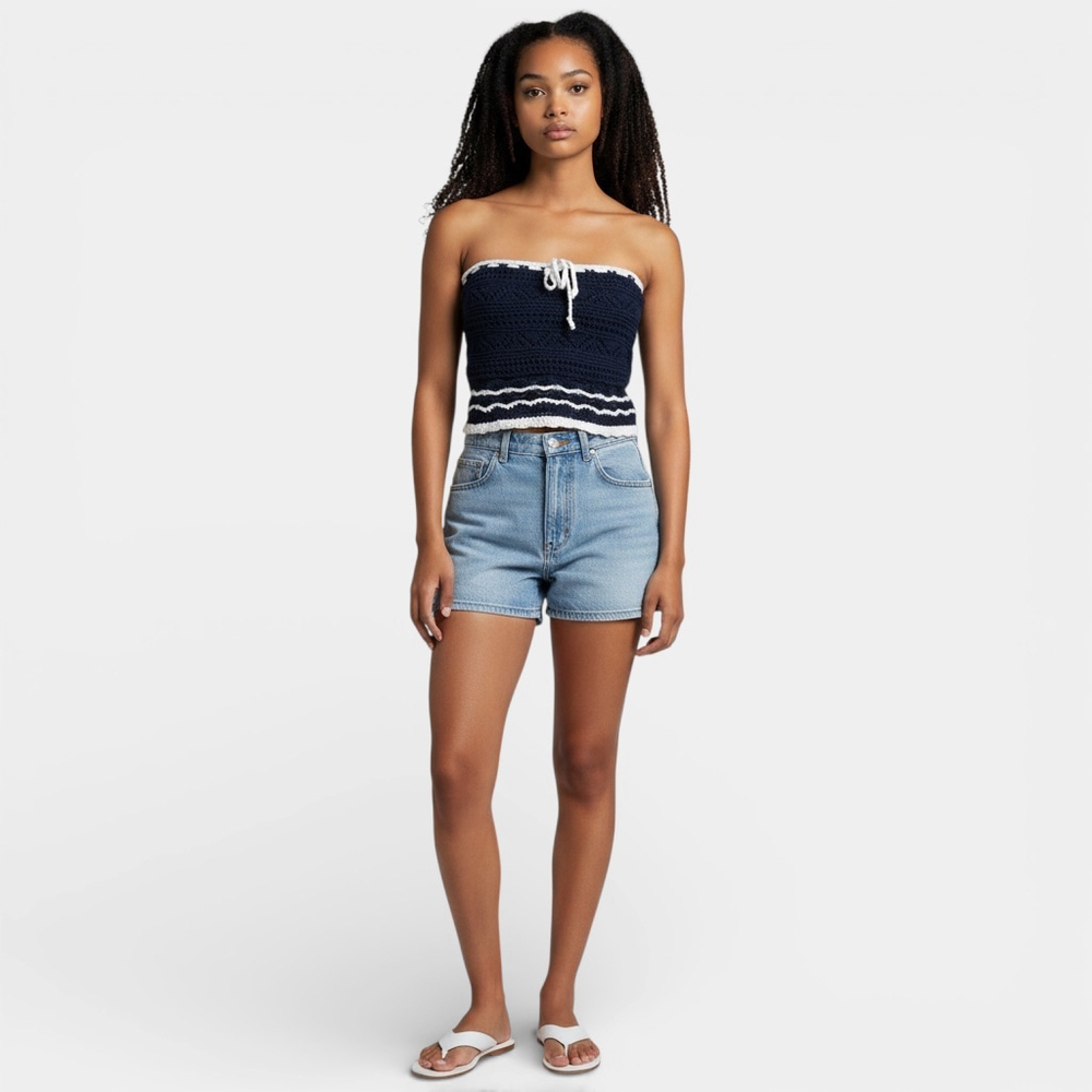 HOLLISTER Top Women Size Medium Dark Blue and White Bandeau Crochet Tube